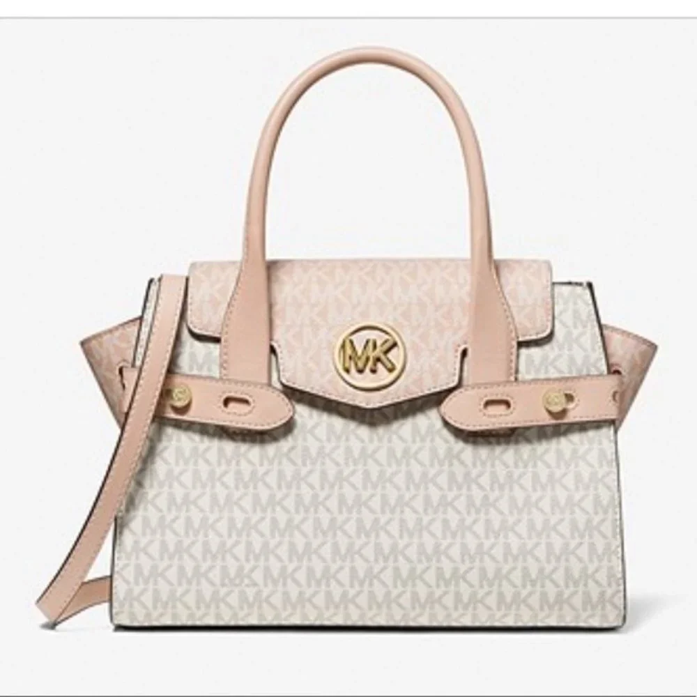 Michael Kors Carmen Medium Logo and Faux Leather Belted Satchel